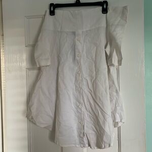 White off the shoulder button down top.